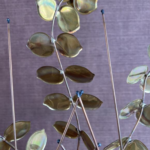 Vintage Metal Leaf Wood Vase Wall Hanging – Gold Eucalyptus Trio – Mid Century - Picture 12 of 14